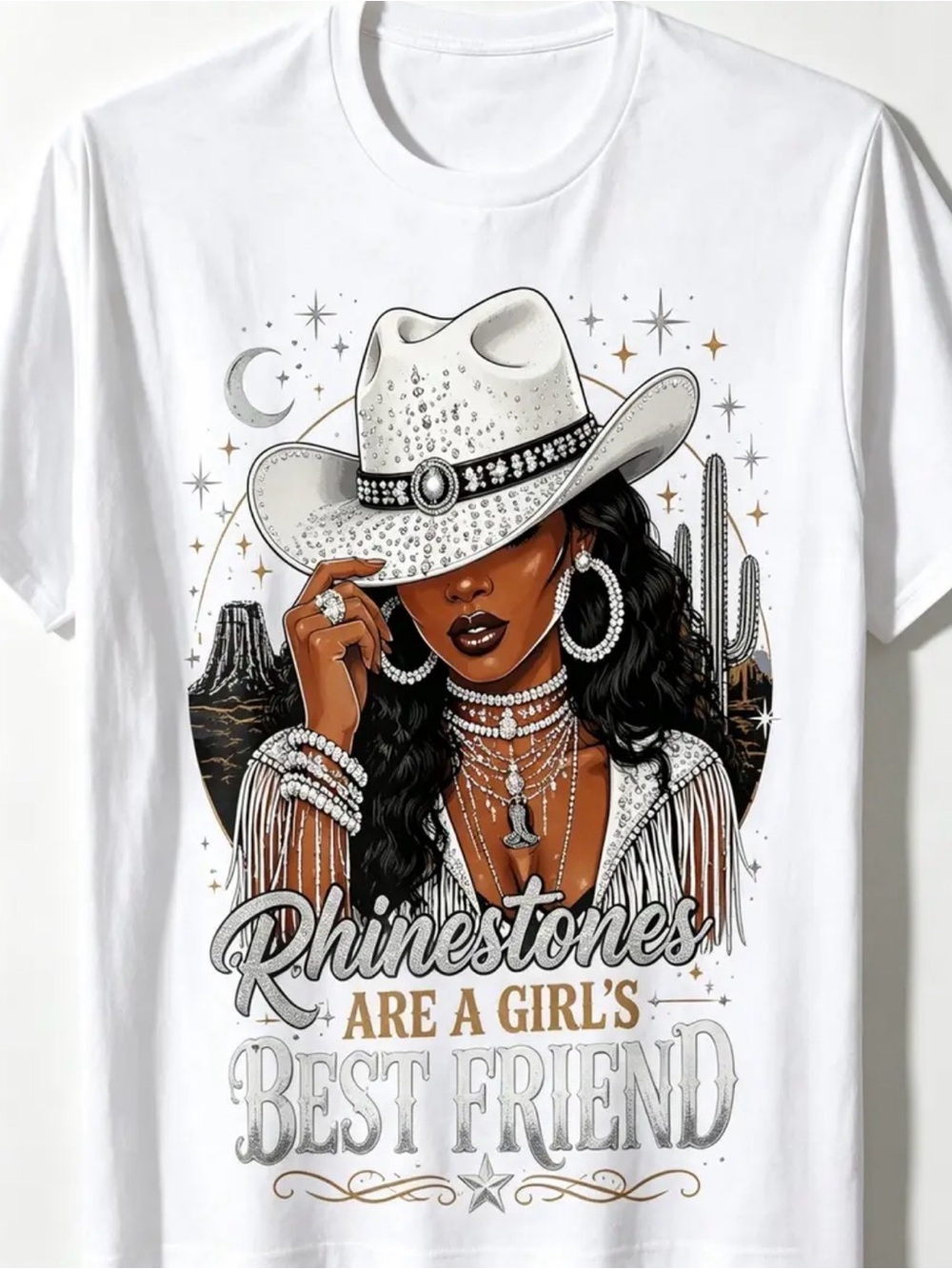 Rhinestones Are A Girl's Best Friend White Graphic Tee size Large